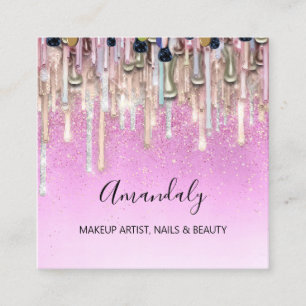 Makeup Artist Nails Glitter Logo Rose Drips Pinky Square Business Card