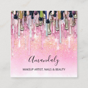 Makeup Artist Nails Logo Rose Glitter Confetti Square Business Card