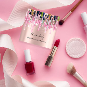 Makeup Artist Nails Logo Rose Glitter Gold Drips Square Business Card