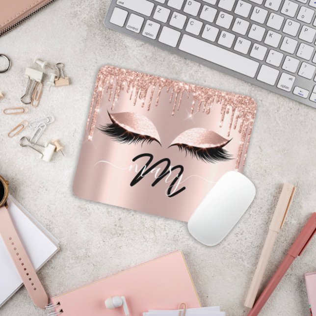 Makeup Artist  Name Monogram Rose Lashes Extension Mouse Mat (Makeup Artist Name Monogram Rose Lashes Extension Mouse Pad)