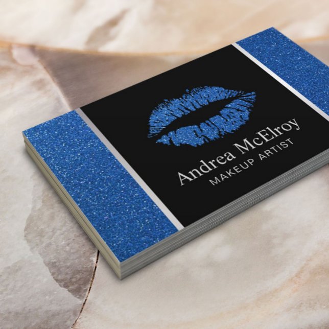Makeup Artist Navy Blue Glitter Lips Modern Salon Business Card (Creator Uploaded)