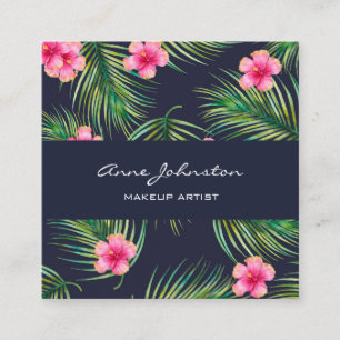 Makeup Artist Navy Green Fern Tropical Pink Flower Square Business Card