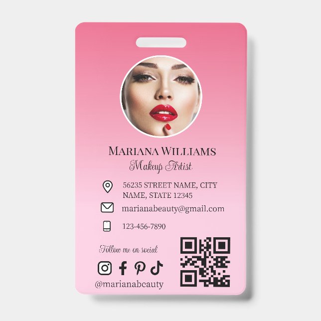 makeup artist  photo qr code pink small business ID badge (Front)