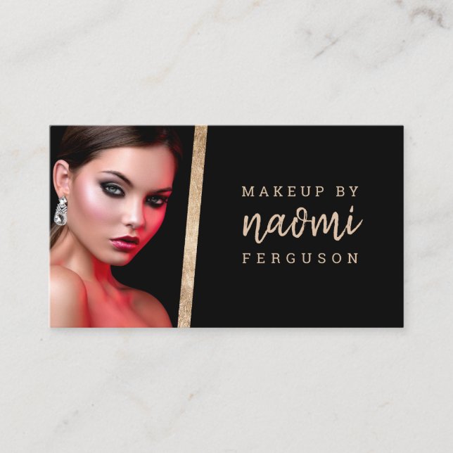 Makeup artist photo rose gold foil modern black business card (Front)