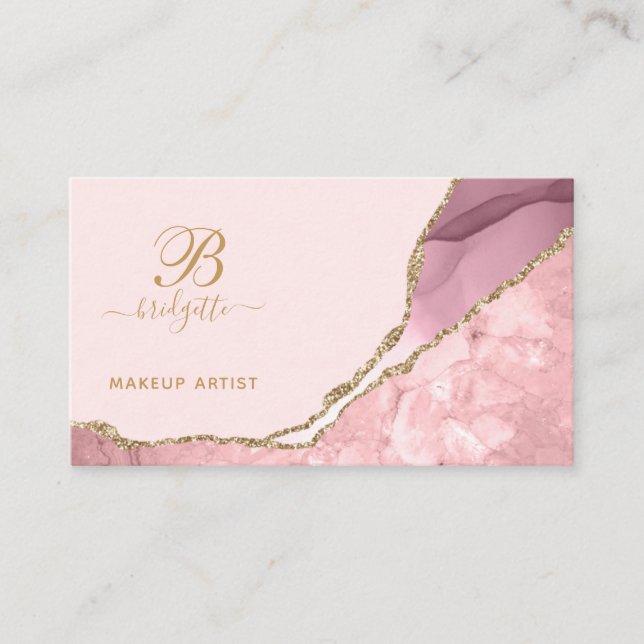 Makeup Artist  Pink Agate Geode Gold Business Card (Front)