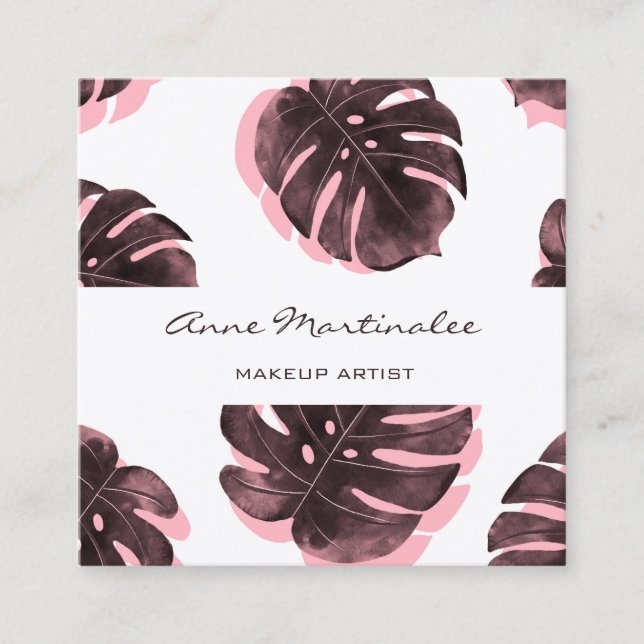 Makeup Artist Pink and Black Monstera Leaf Square Business Card (Front)