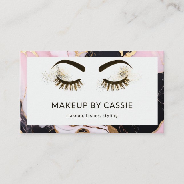 Makeup Artist Pink Black White Marble Glitter Lash Business Card (Front)
