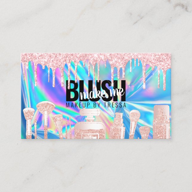 Makeup Artist Pink Glitter Drips Holographic Blue Business Card (Front)