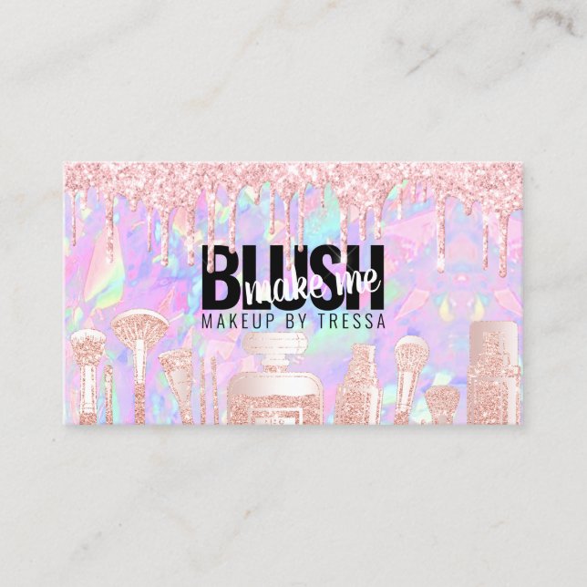 Makeup Artist Pink Glitter Drips + Iridescent Opal Business Card (Front)
