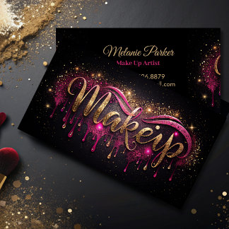 Makeup Artist pink Gold Drips Trendy Black Glitter Business Card