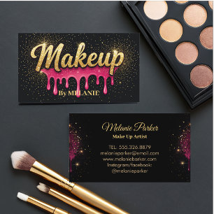 Makeup Artist pink Gold Drips Trendy Black Glitter Business Card