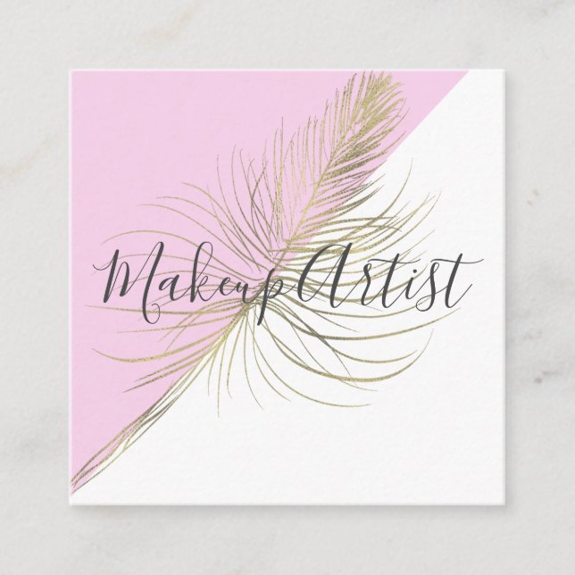 Makeup Artist Pink Gold Faux Feather Salon Square Business Card (Front)