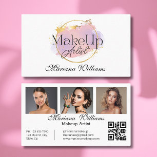 makeup artist pink gold logo, qr code 3 photos business card