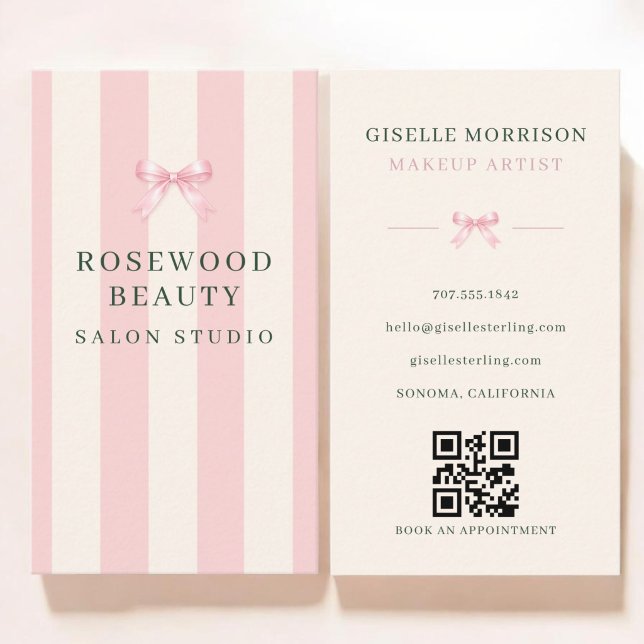 Makeup Artist Pink Green Striped Bow QR Code Business Card (Creator Uploaded)