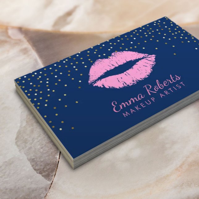 Makeup Artist Pink Lips Gold Confetti Navy Blue Business Card (Creator Uploaded)