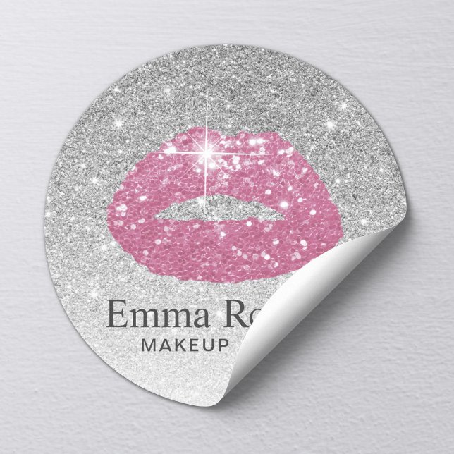 Makeup Artist Pink Lips Modern Silver Glitter Classic Round Sticker (Creator Uploaded)