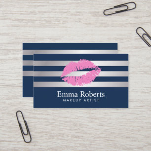 Makeup Artist Pink Lips Navy Blue Modern Stripes Business Card