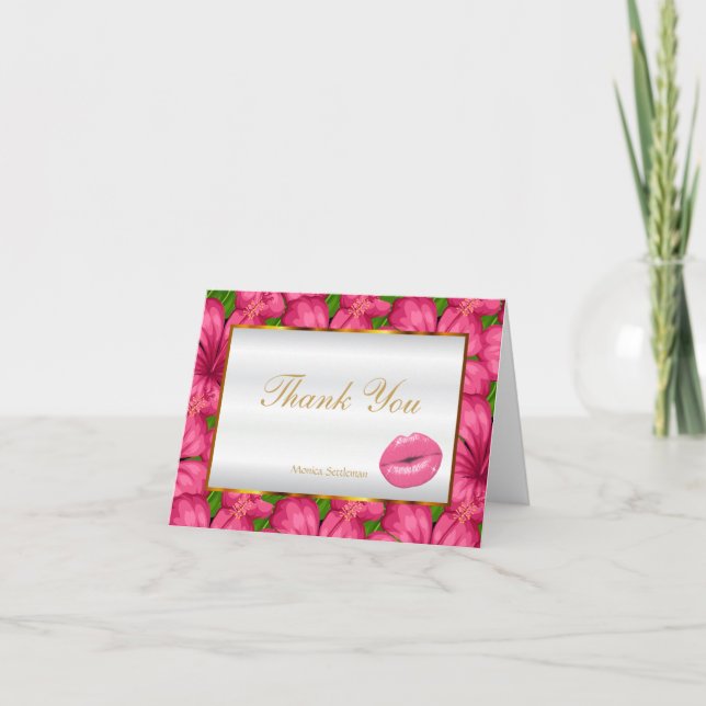 Makeup Artist  Pink Lips on Pink Floral Thank You Card (Front)