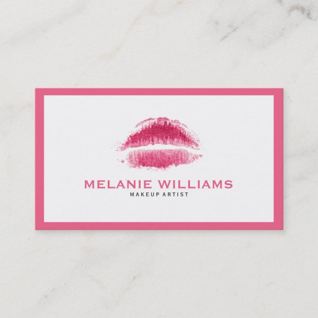Makeup Artist Pink Lips On White With Pink Border Business Card (Front)