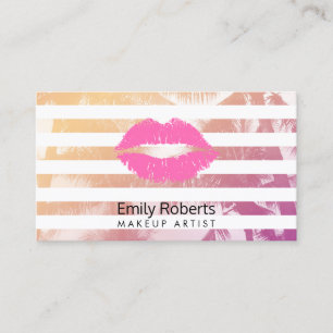 Makeup Artist Pink Lips Trendy Stripes Tropical Business Card