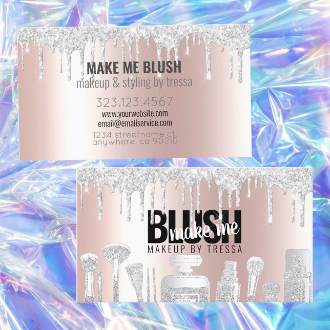 Makeup Artist Platinum Glitter Drips Metallic Pink Business Card (Creator Uploaded)