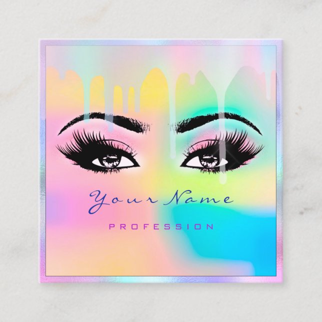 Makeup Artist Professional Eyelash Holograph Drips Square Business Card (Front)