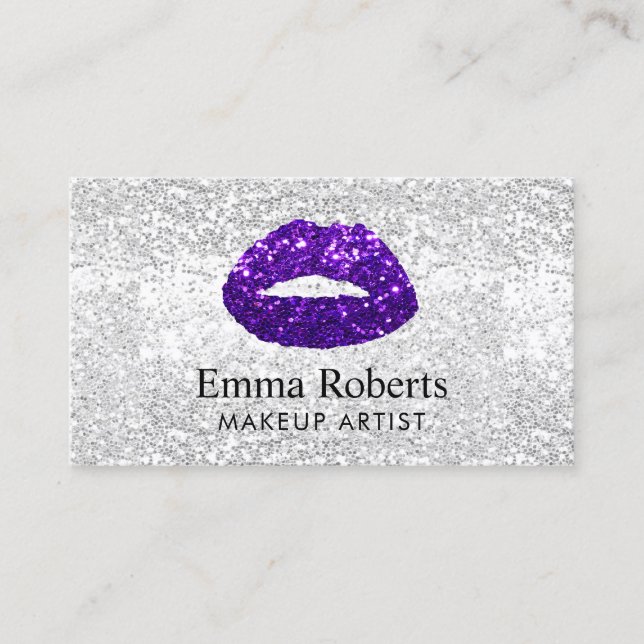 Makeup Artist Purple Glitter Lips Modern Silver Business Card (Front)