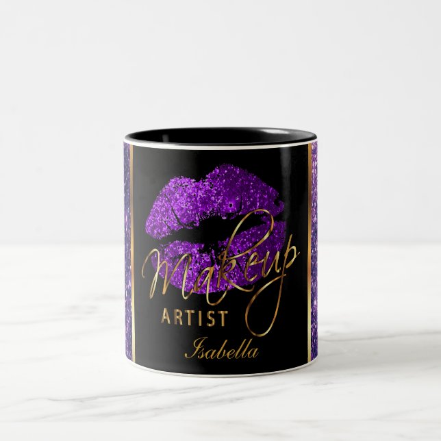 Makeup Artist Purple Glitter Lips Two-Tone Coffee Mug (Center)