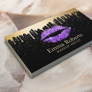 Makeup Artist Purple Lips Gold Drips Modern Black Business Card