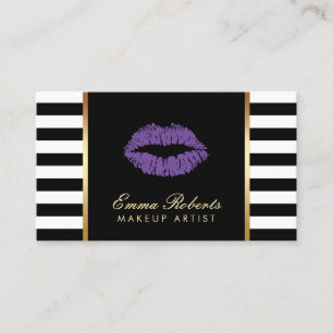 Makeup Artist Purple Lips Modern Black Stripes Business Card