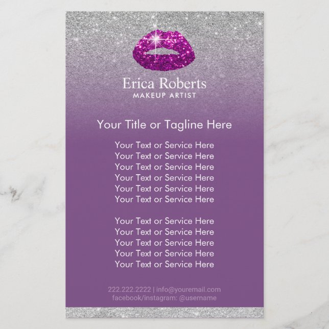 Makeup Artist Purple Lips Silver Glitter Salon Flyer (Front)