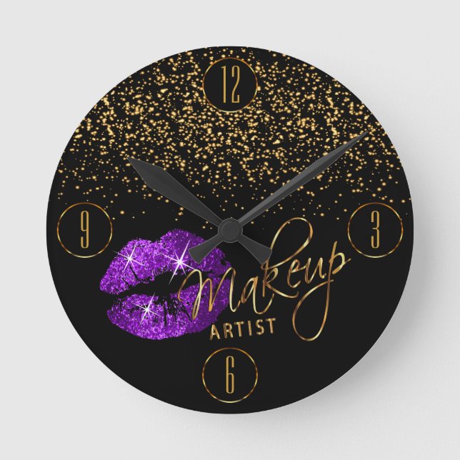 Makeup Artist Purple Lips with Gold Confetti Round Clock (Front)