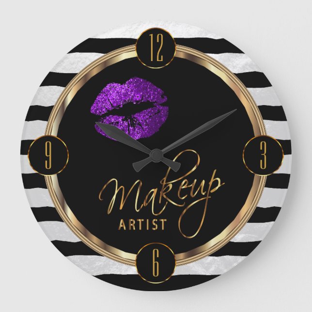 Makeup Artist Purple Lips with White Stripes Large Clock (Front)