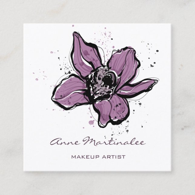 Makeup Artist Purple Watercolor Flower Square Business Card (Front)