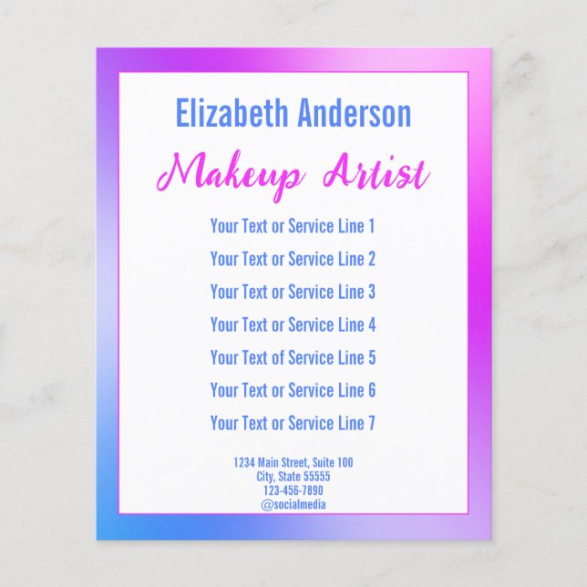 Makeup Artist Purple White and Blue Text Template Flyer (Front)