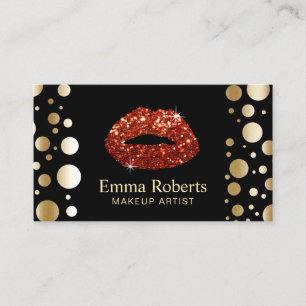 Makeup Artist Red Glitter Lips Modern Gold Dots Business Card