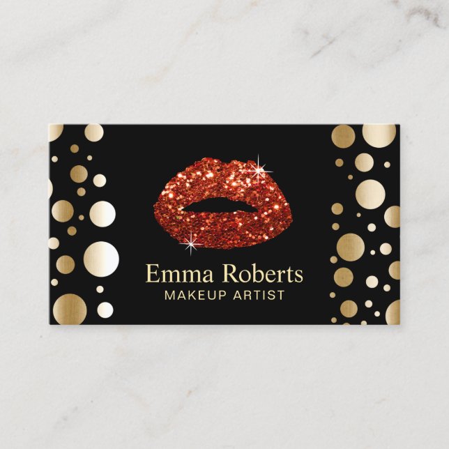 Makeup Artist Red Glitter Lips Modern Gold Dots Business Card (Front)