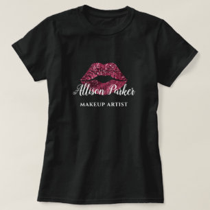 MAKEUP ARTIST Red Glitter Logo Kiss Name T-Shirt