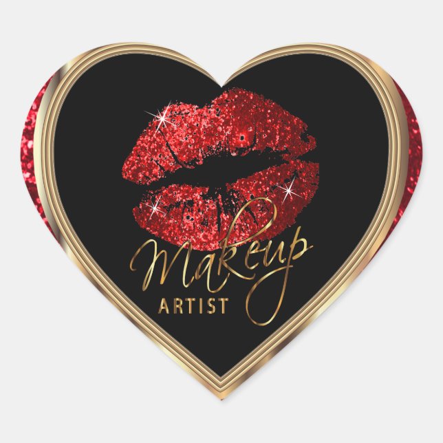 Makeup Artist Red Glitter Love Lips and Gold Font Heart Sticker (Front)