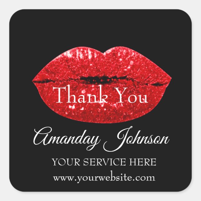Makeup Artist Red Kiss Lip Name Modern Thank Black Square Sticker (Front)