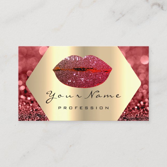 Makeup Artist Red Kiss LIPS  Rose Glitter Glam Business Card (Front)