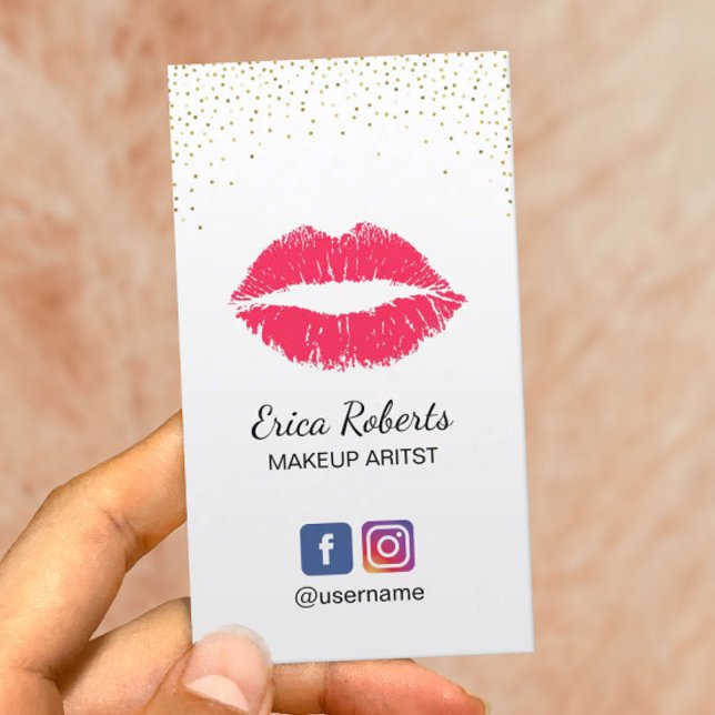 Makeup Artist Red Lips Beauty Salon Gold Confetti Business Card (Creator Uploaded)