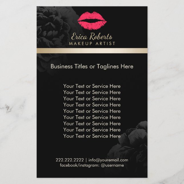 Makeup Artist Red Lips Black Floral Beauty Salon Flyer (Front)