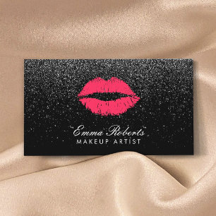 Makeup Artist Red Lips Black Glitter Modern Business Card