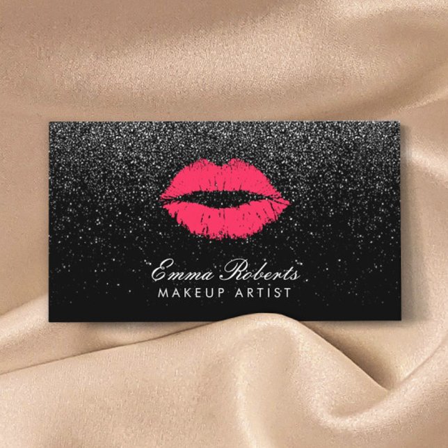 Makeup Artist Red Lips Black Glitter Modern Business Card (Creator Uploaded)