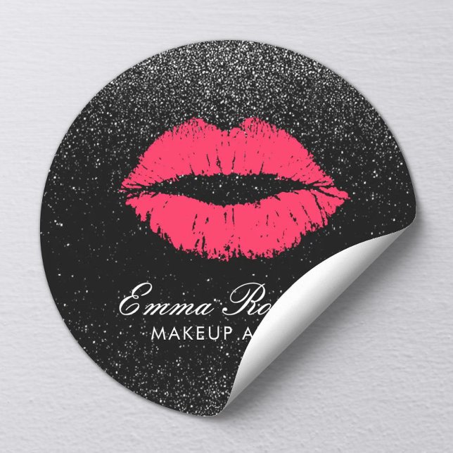 Makeup Artist Red Lips Black Glitter Modern Salon Classic Round Sticker (Creator Uploaded)