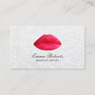 Makeup Artist Red Lips Elegant White Glitter Business Card