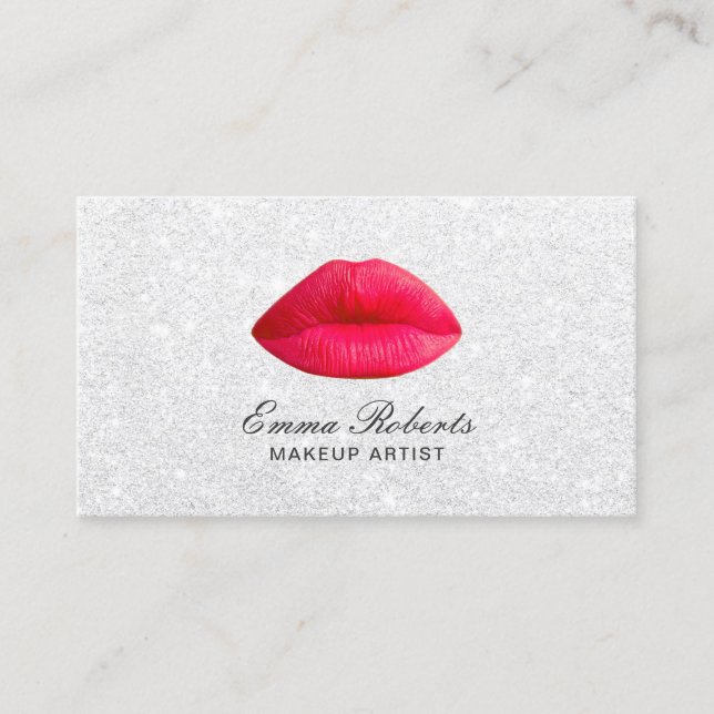 Makeup Artist Red Lips Elegant White Glitter Business Card (Front)