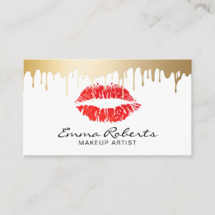 Makeup Artist Red Lips Gold Drips Modern Salon Business Card