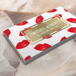 Makeup Artist Red Lips Gold Label Beauty Salon Business Card